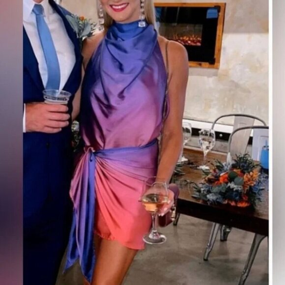 NEW BAOBAB x REVOLVE Providencia Dress Sunset Ombre draped high neck Satin party - Picture 6 of 11